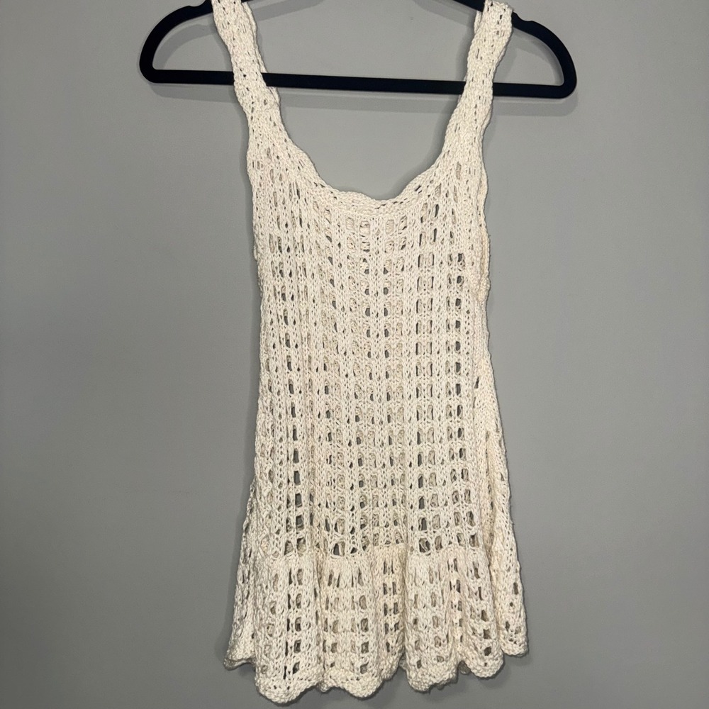 Unbranded Ivory Crochet Open Knit Tank Top Ruffle Hem Sleeveless Boho Cream - Picture 4 of 4
